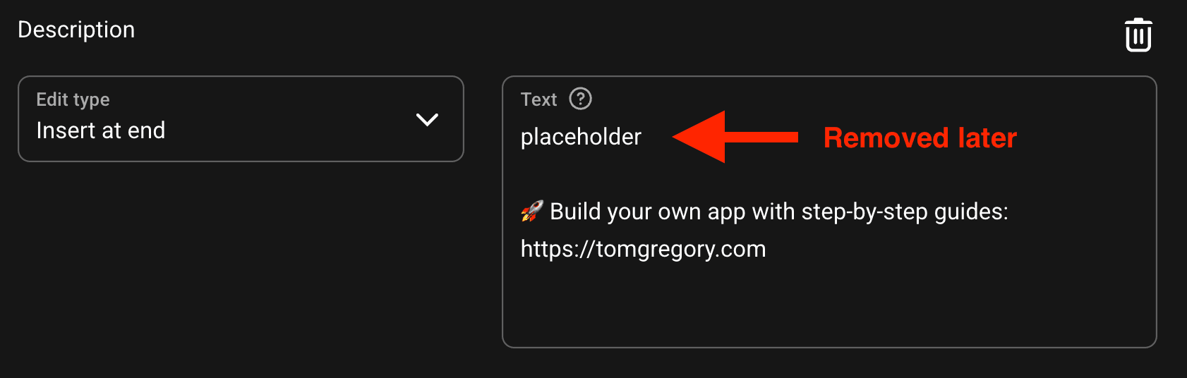 Using placeholder text in description to add newline