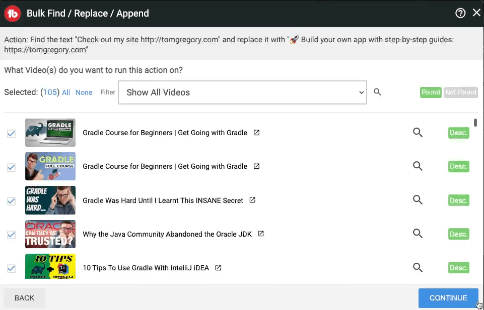 Selecting multiple videos in TubeBuddy