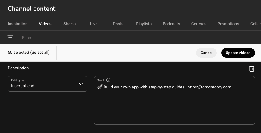 Using the bulk edit tool inside YouTube Studio